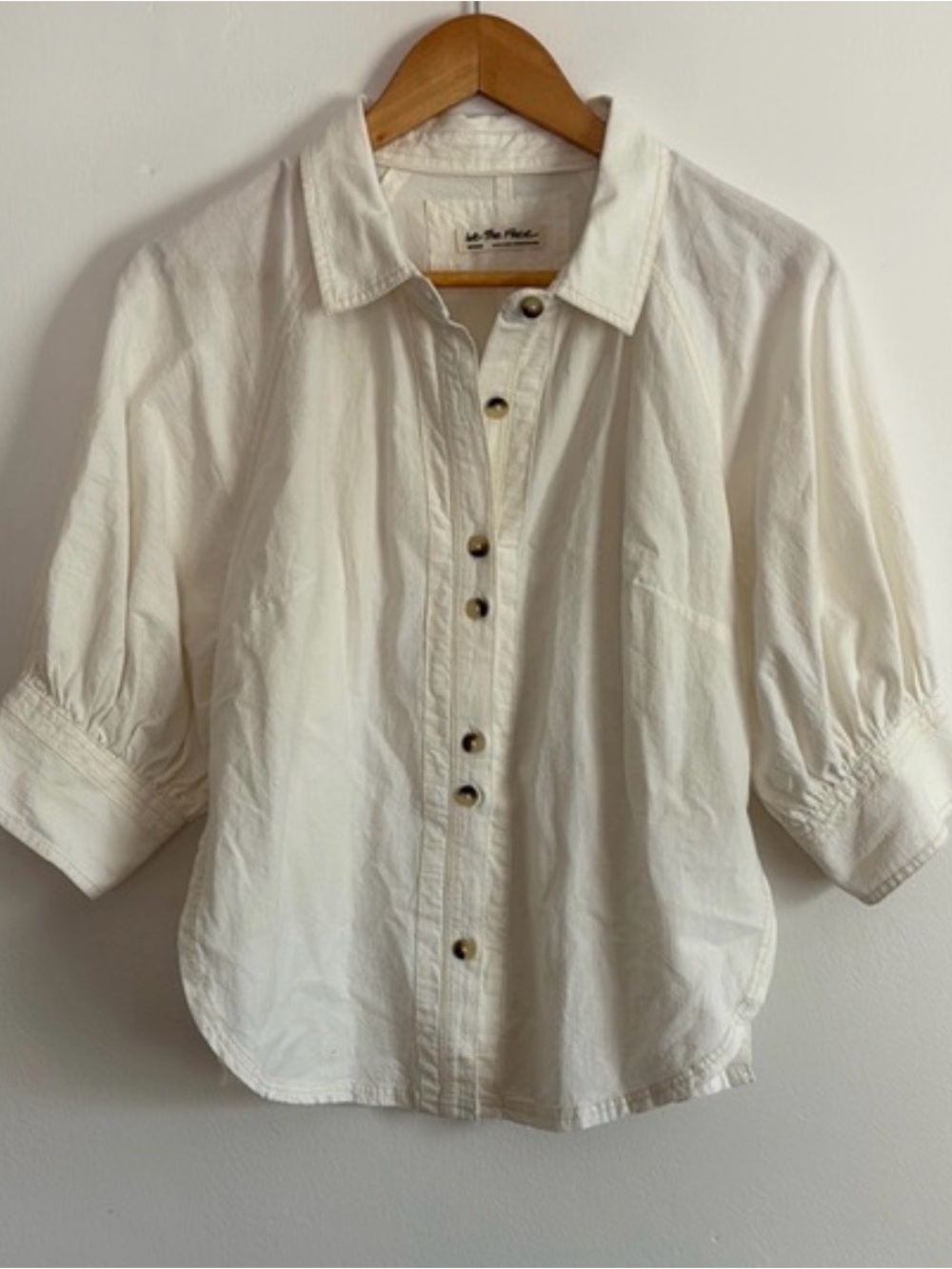 We the free people Cream Button-Front Puff Sleeve Blouse